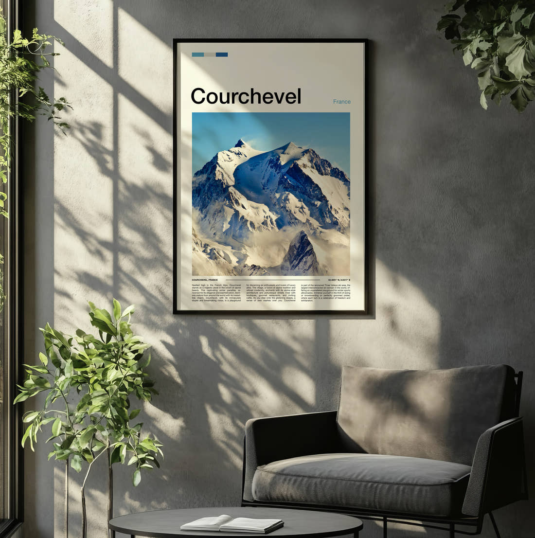 Courchevel Snowy Mountain Peak Travel Print framed on the wall of a relaxed living room