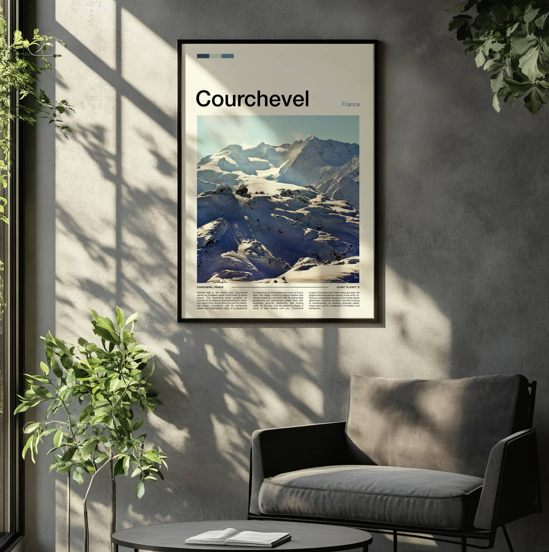 Courchevel Snowy Ski Slopes Travel Print framed on the wall of a relaxed living room