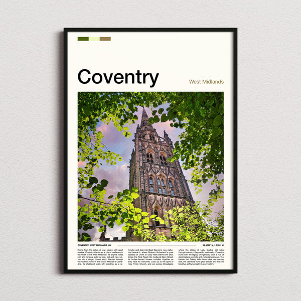 Coventry Cathedral Spire Through Leaves Travel Print framed and photographed straight on