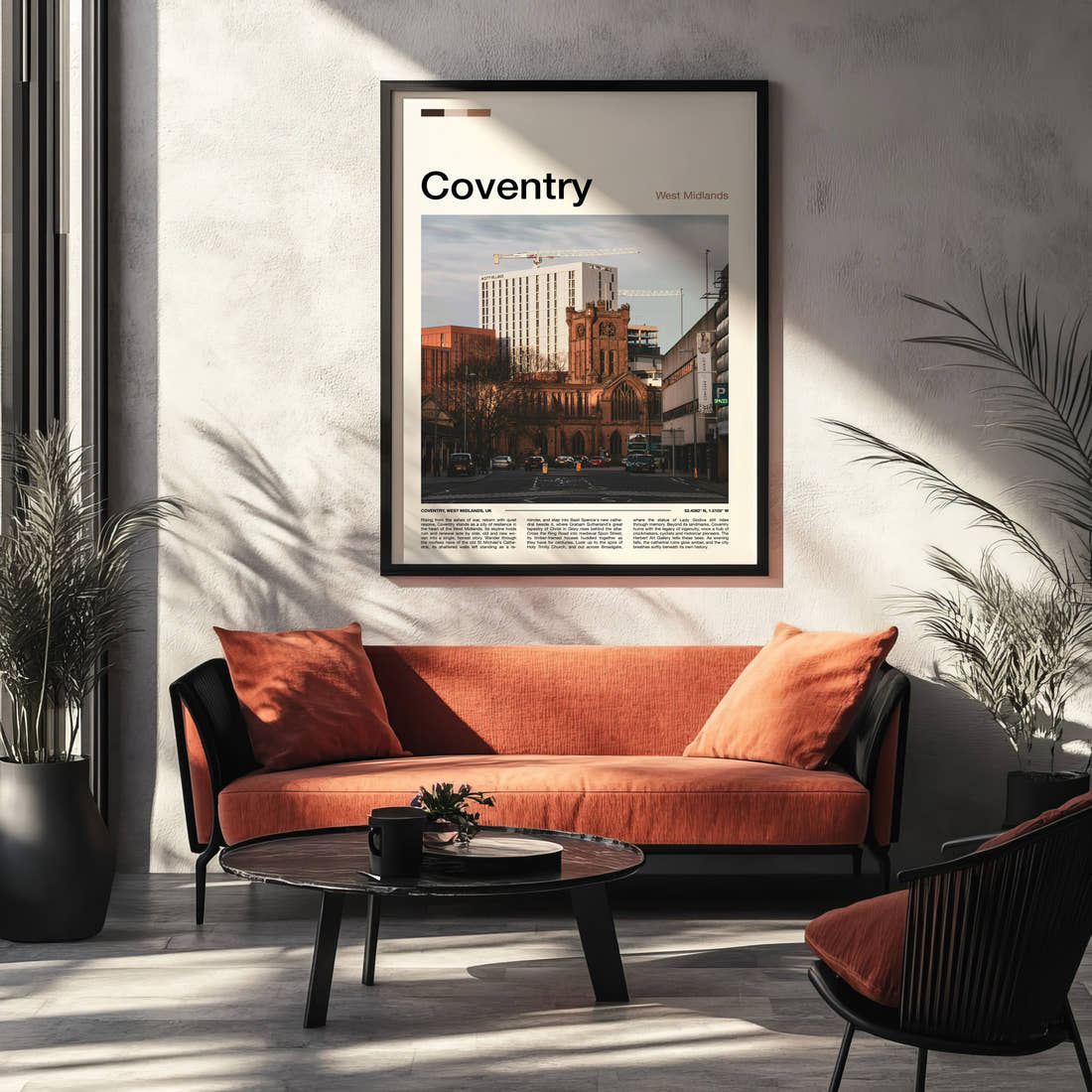 Coventry Cathedral And Skyline Travel Print framed on the wall of a modern living room