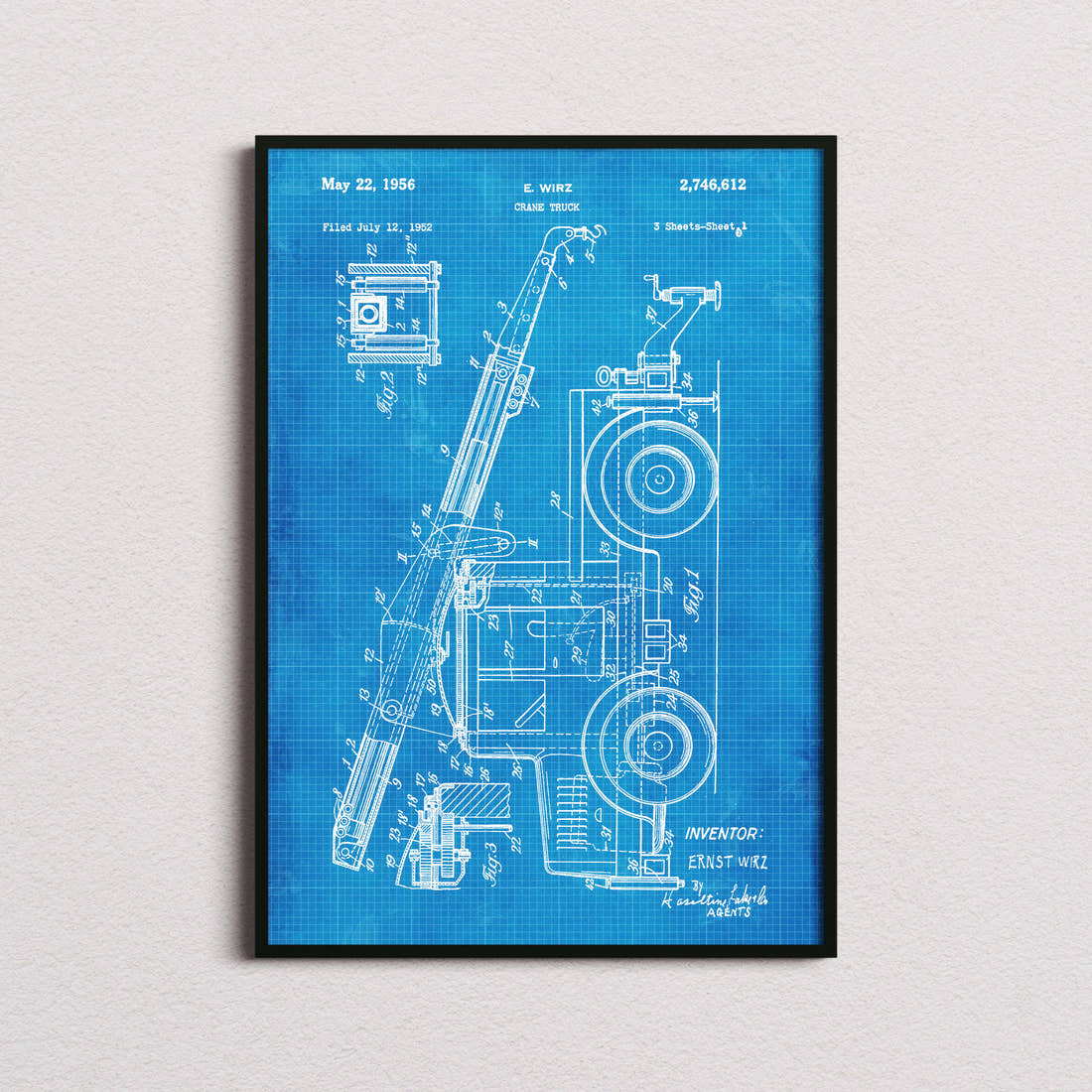 Crane Truck Patent Print in the blueprint colourway, framed
