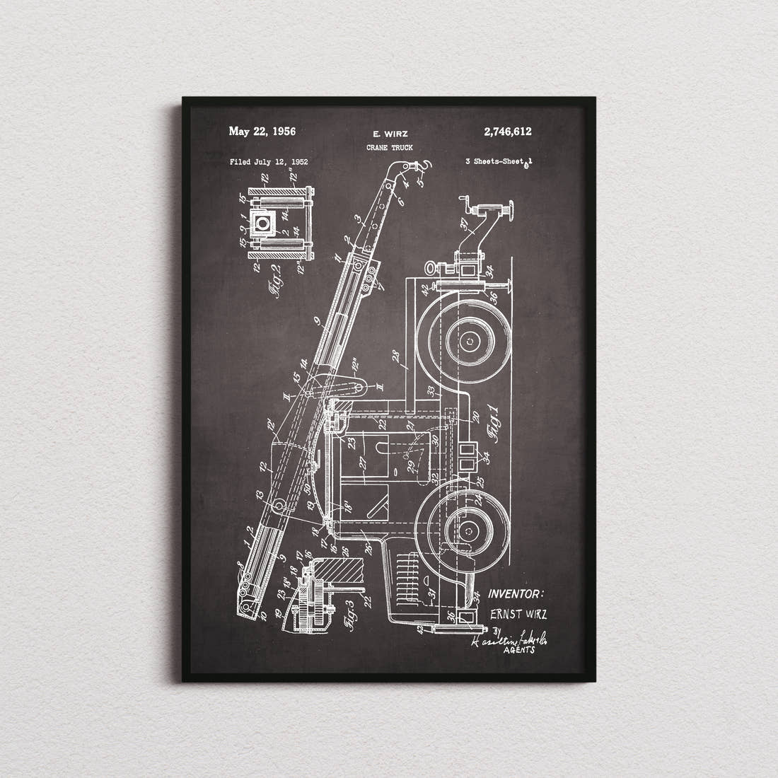Crane Truck Patent Print in the blackboard colourway, framed