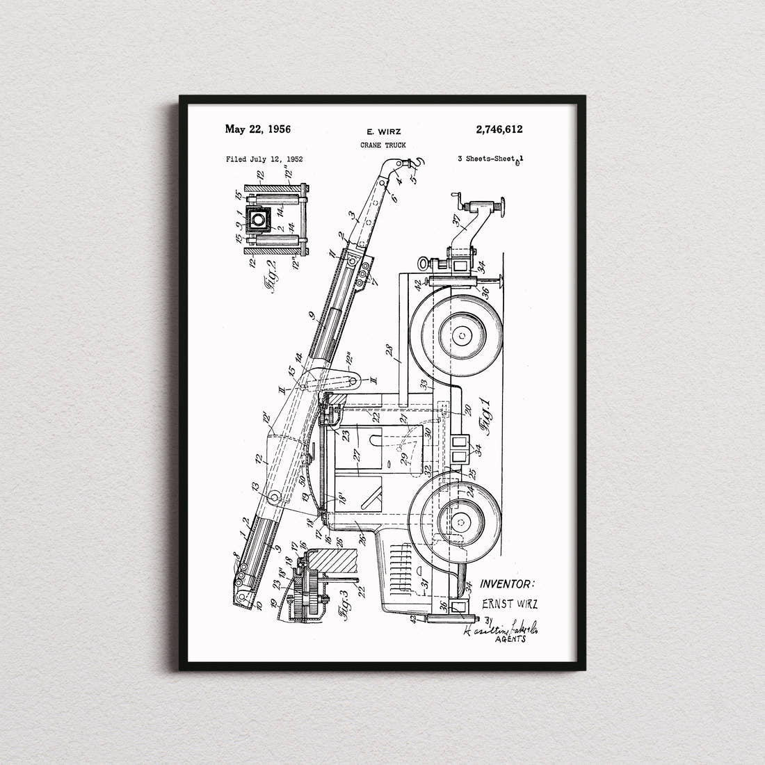 Crane Truck Patent Print in the white colourway, framed