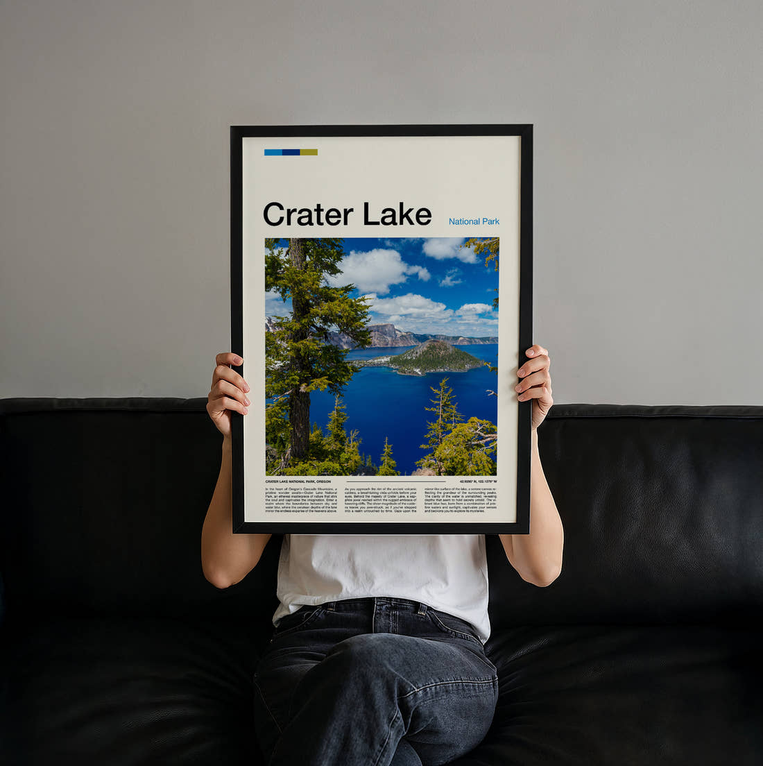 Crater Lake Wizard Island Through The Pines Travel Print held up by hand to show the size of the print