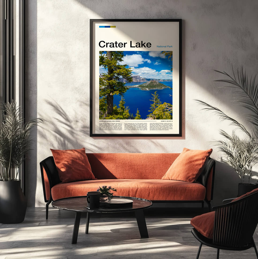 Crater Lake Wizard Island Through The Pines Travel Print framed on the wall of a modern living room