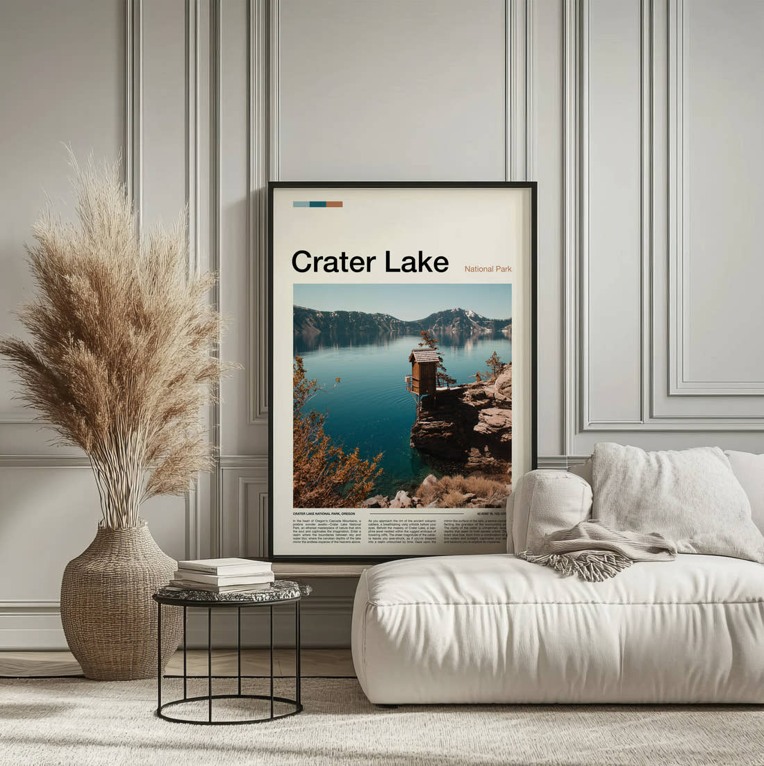 Crater Lake Wooden Hut On The Cliff Travel Print framed on the wall of a calm, neutral bedroom