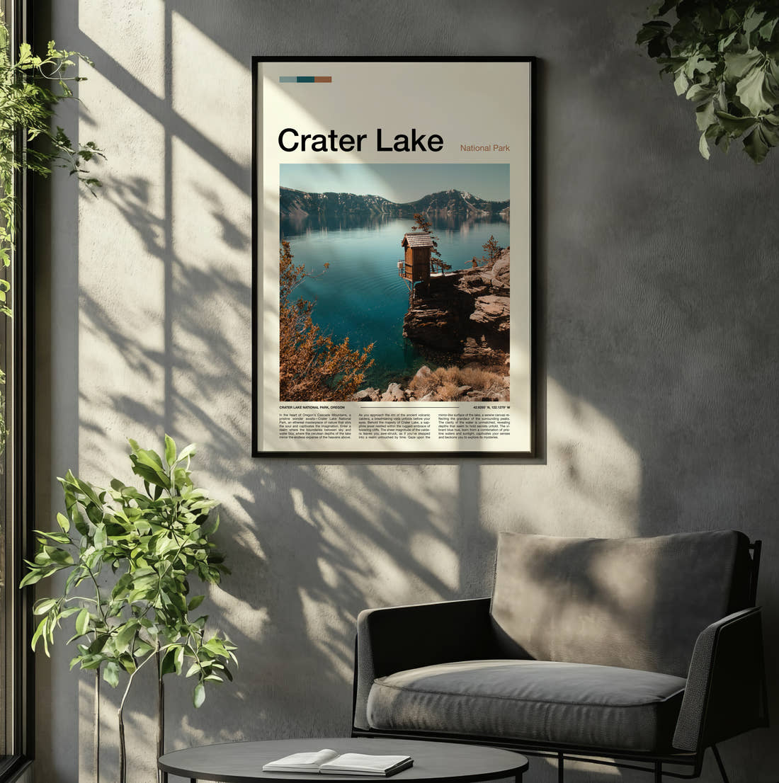 Crater Lake Wooden Hut On The Cliff Travel Print framed on the wall of a relaxed living room