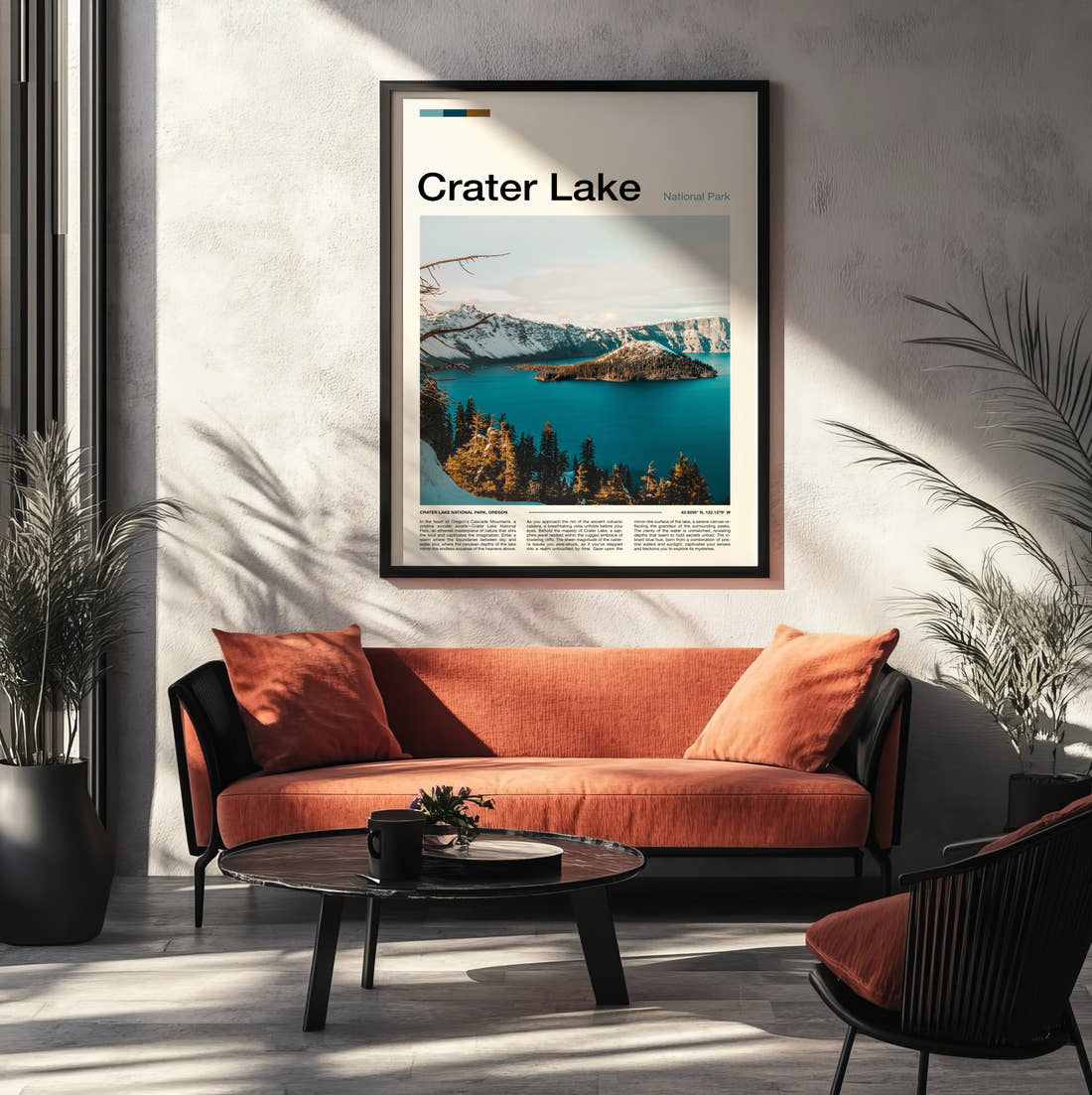 Crater Lake Wizard Island In Winter Travel Print framed on the wall of a modern living room