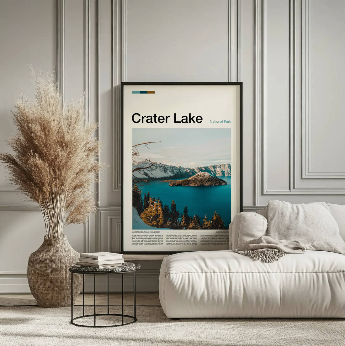 Crater Lake Wizard Island In Winter Travel Print framed on the wall of a calm, neutral bedroom