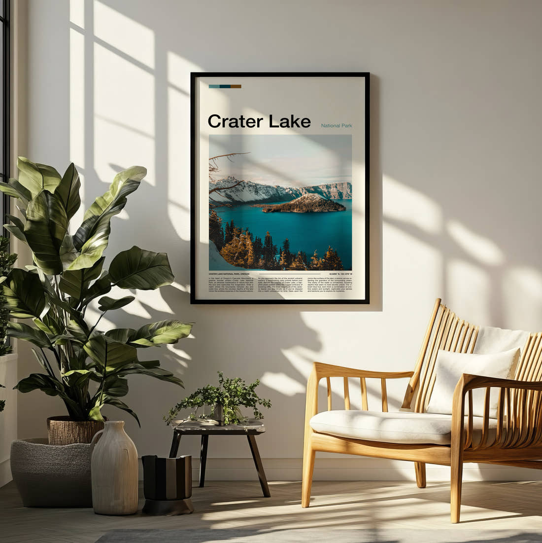 Crater Lake Wizard Island In Winter Travel Print framed on a pale wall beside houseplants