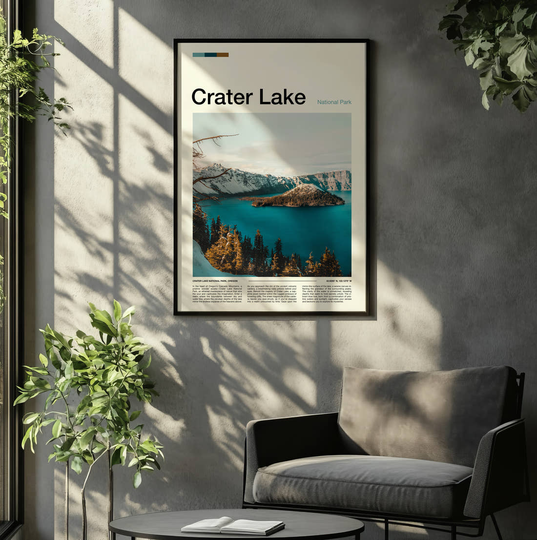Crater Lake Wizard Island In Winter Travel Print framed on the wall of a relaxed living room