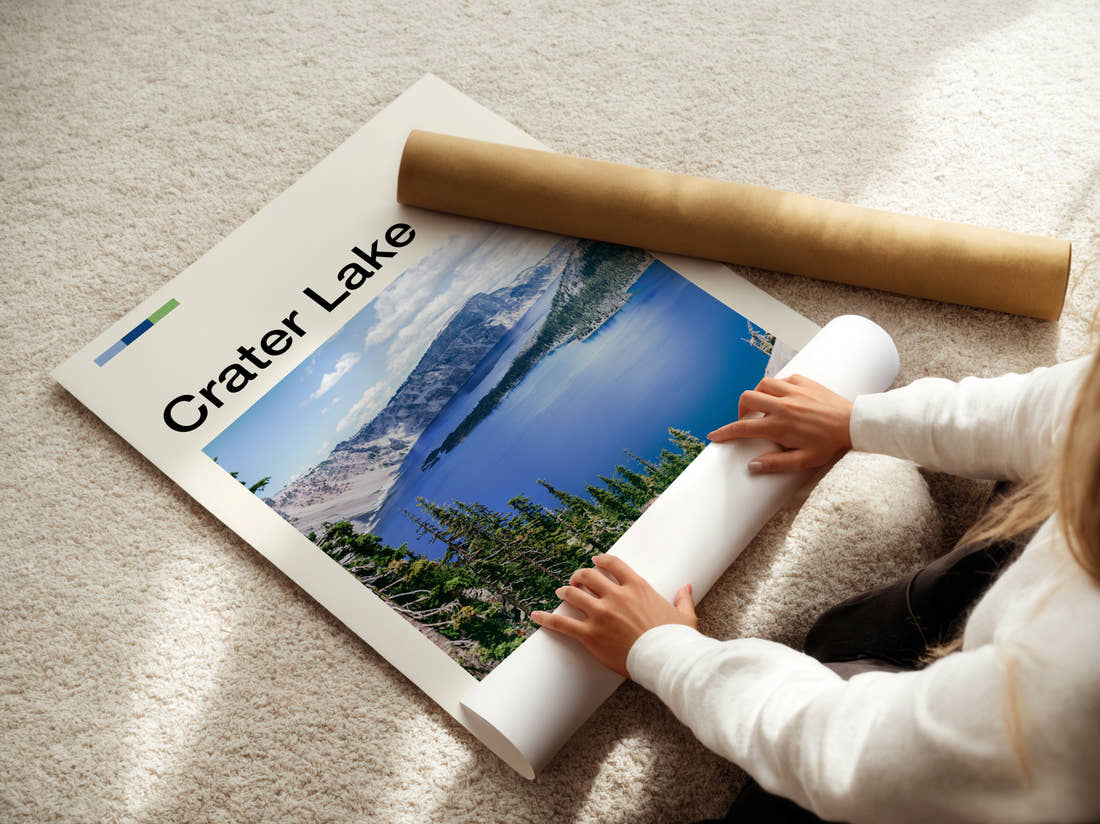 Crater Lake Wizard Island From The Rim Travel Print being unrolled from its postal tube