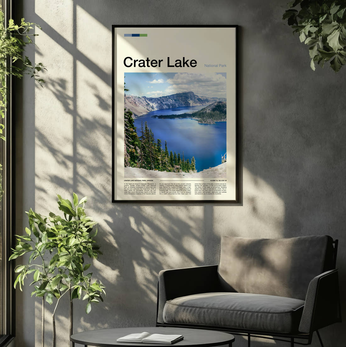 Crater Lake Wizard Island From The Rim Travel Print framed on the wall of a relaxed living room