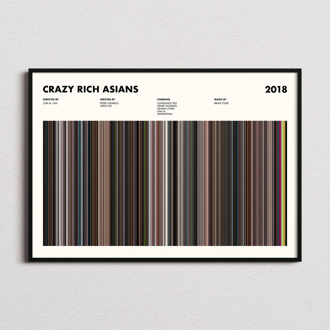 Crazy Rich Asians Movie Barcode Poster framed and photographed straight on