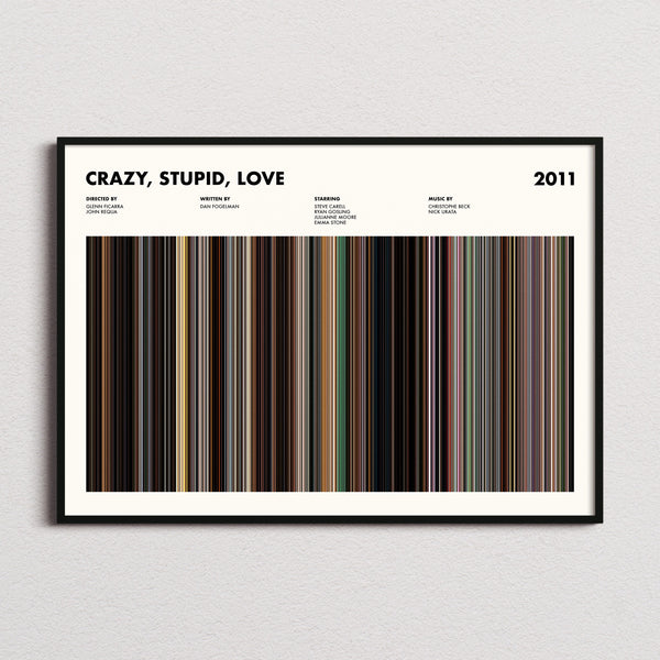 Crazy, Stupid, Love Movie Barcode Poster framed and photographed straight on