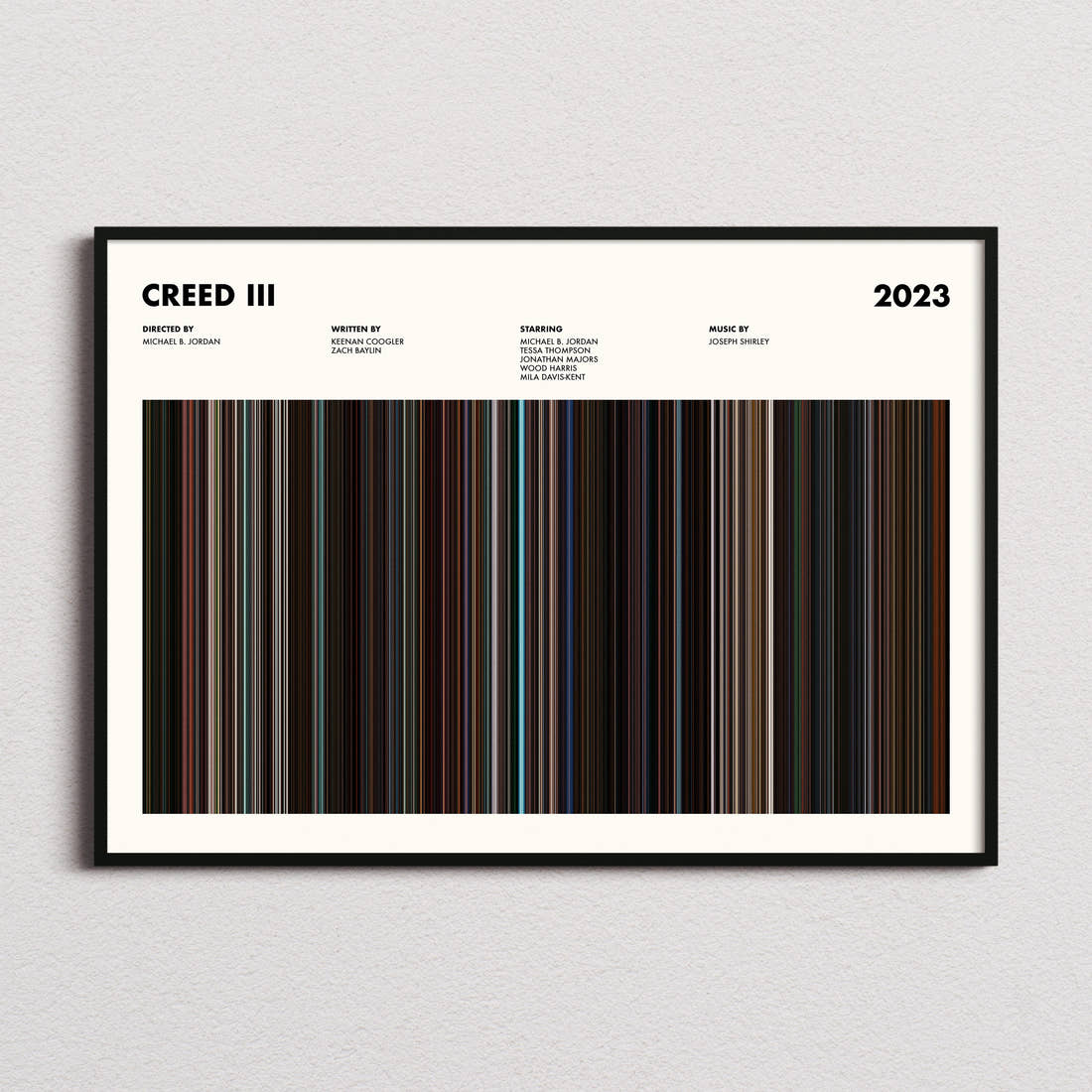 Creed 3 Movie Barcode Poster framed and photographed straight on