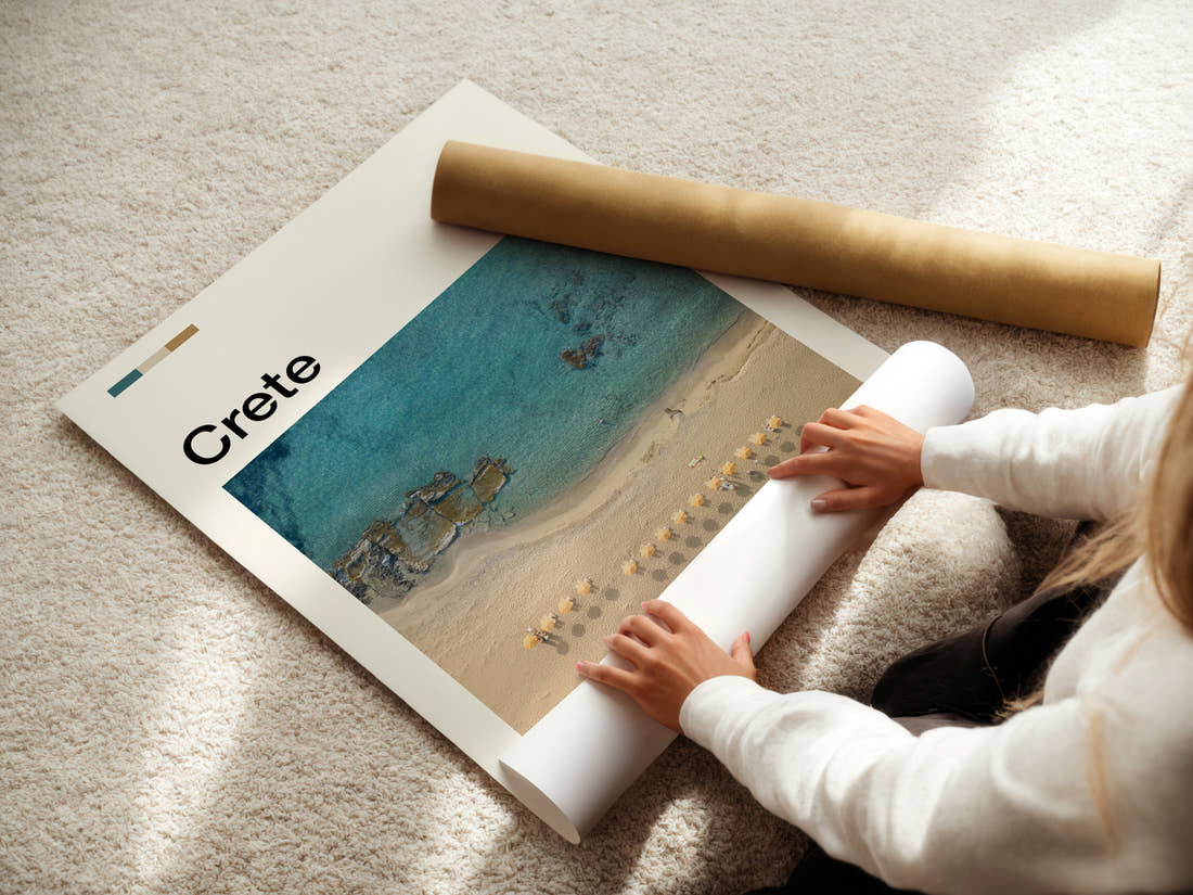 Crete Aerial Beach View Travel Print being unrolled from its postal tube