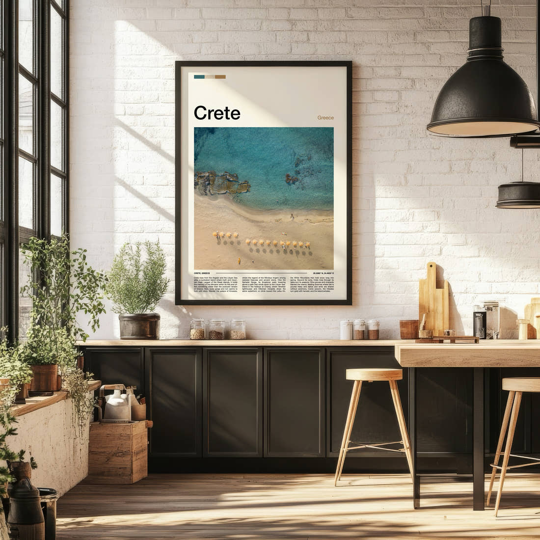 Crete Aerial Beach View Travel Print framed on the wall of a bright kitchen and dining space