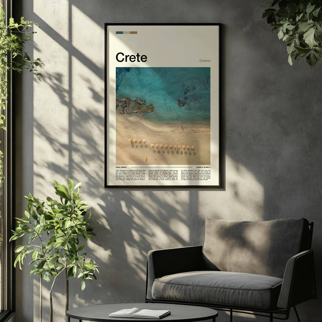 Crete Aerial Beach View Travel Print framed on the wall of a relaxed living room