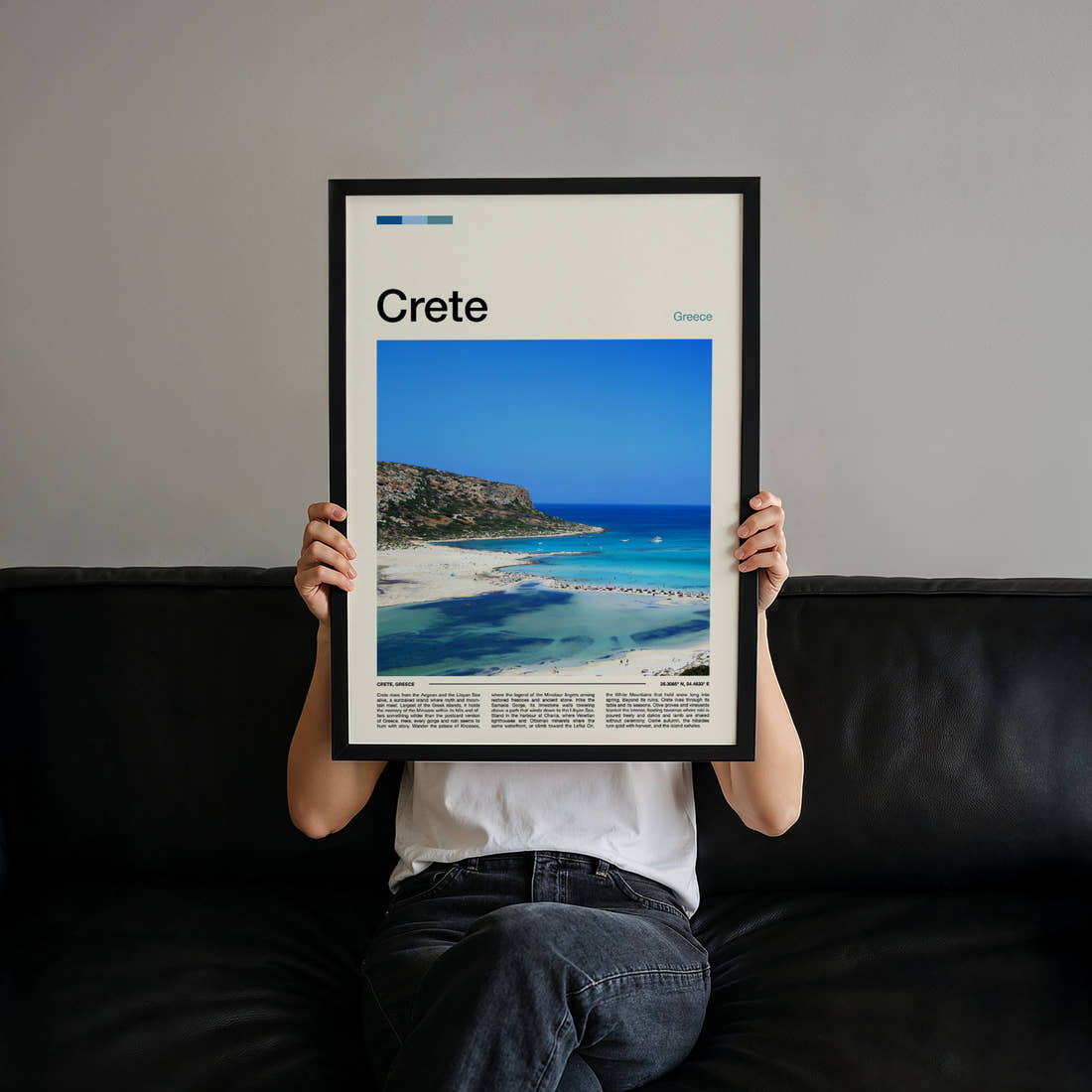 Crete Aerial Lagoon View Travel Print held up by hand to show the size of the print
