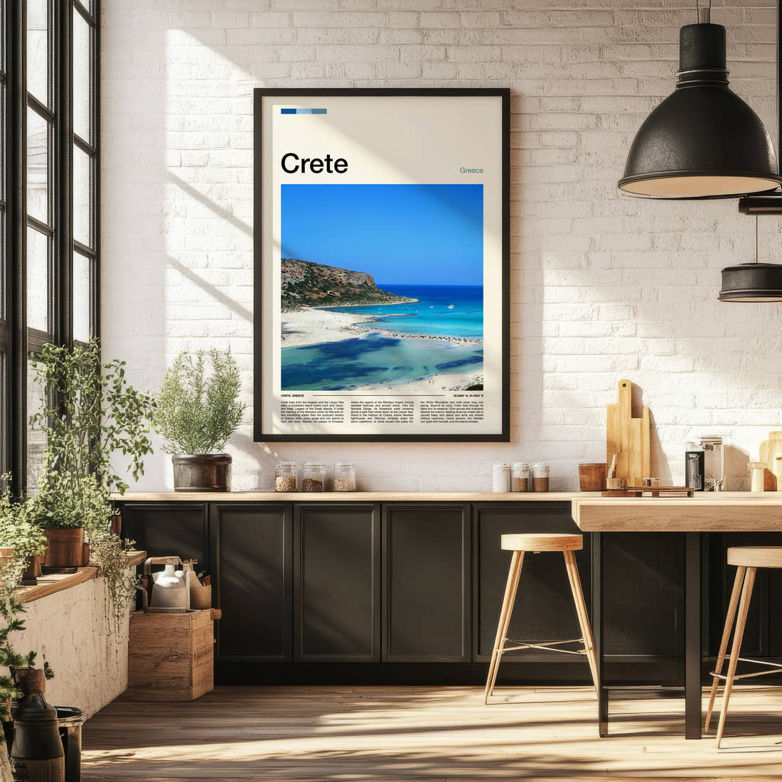 Crete Aerial Lagoon View Travel Print framed on the wall of a bright kitchen and dining space