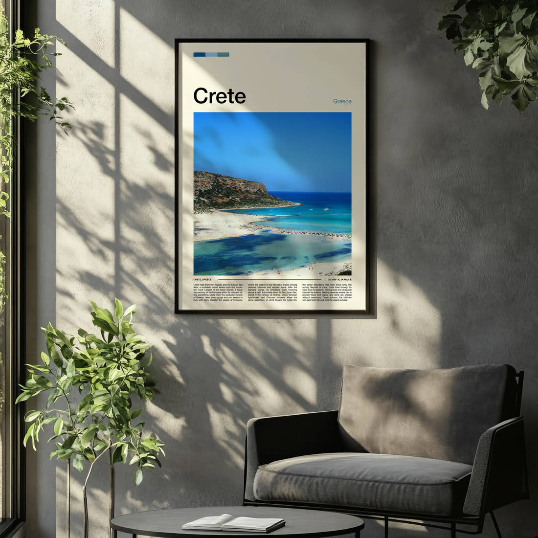 Crete Aerial Lagoon View Travel Print framed on the wall of a relaxed living room