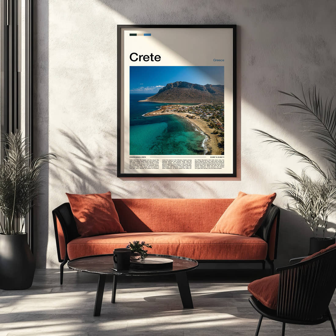 Crete Aerial Coastal Curve Travel Print framed on the wall of a modern living room