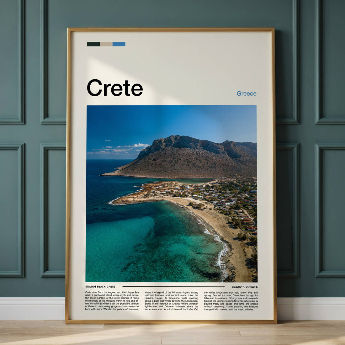 Crete Aerial Coastal Curve Travel Print framed on the wall of a calm, neutral bedroom