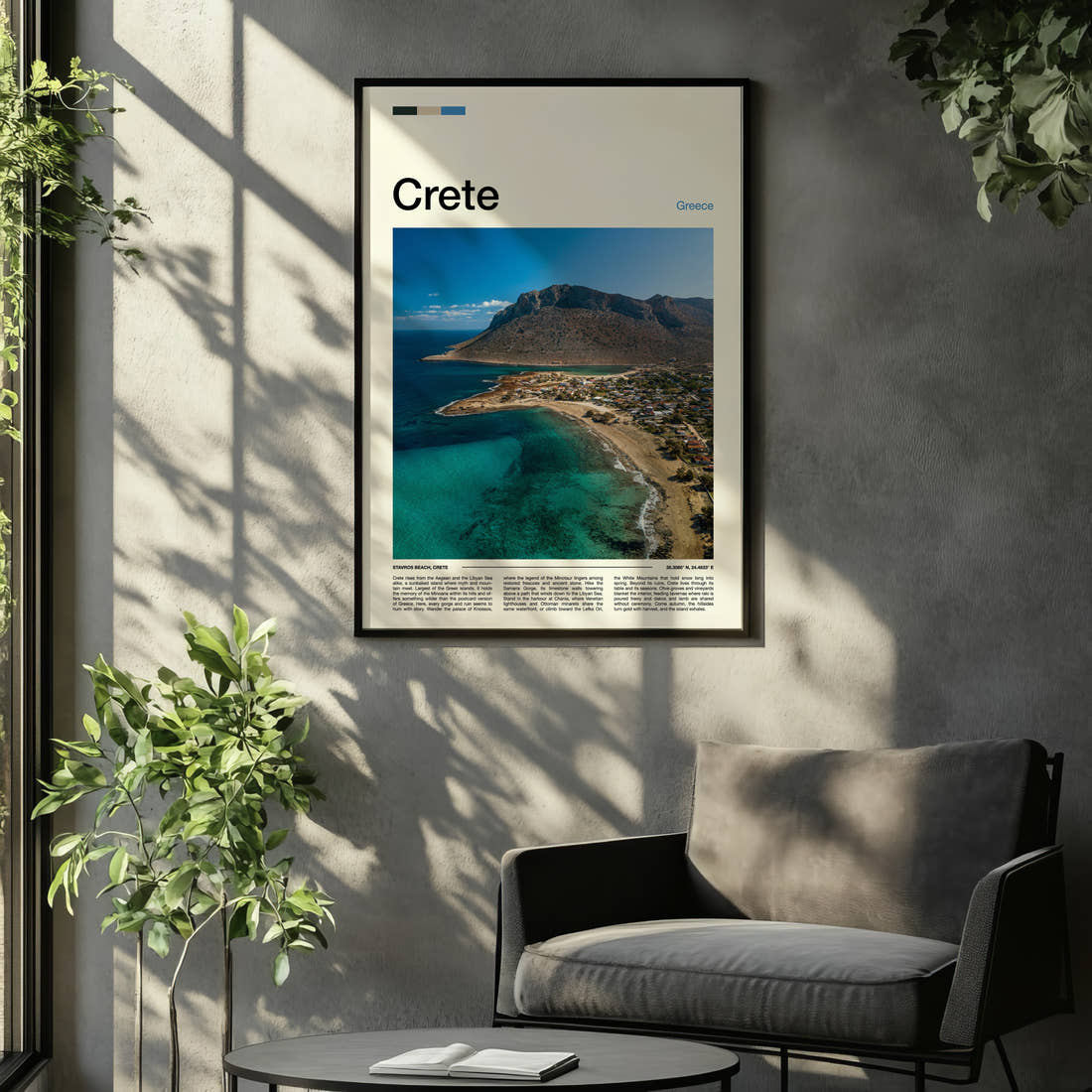 Crete Aerial Coastal Curve Travel Print framed on the wall of a relaxed living room