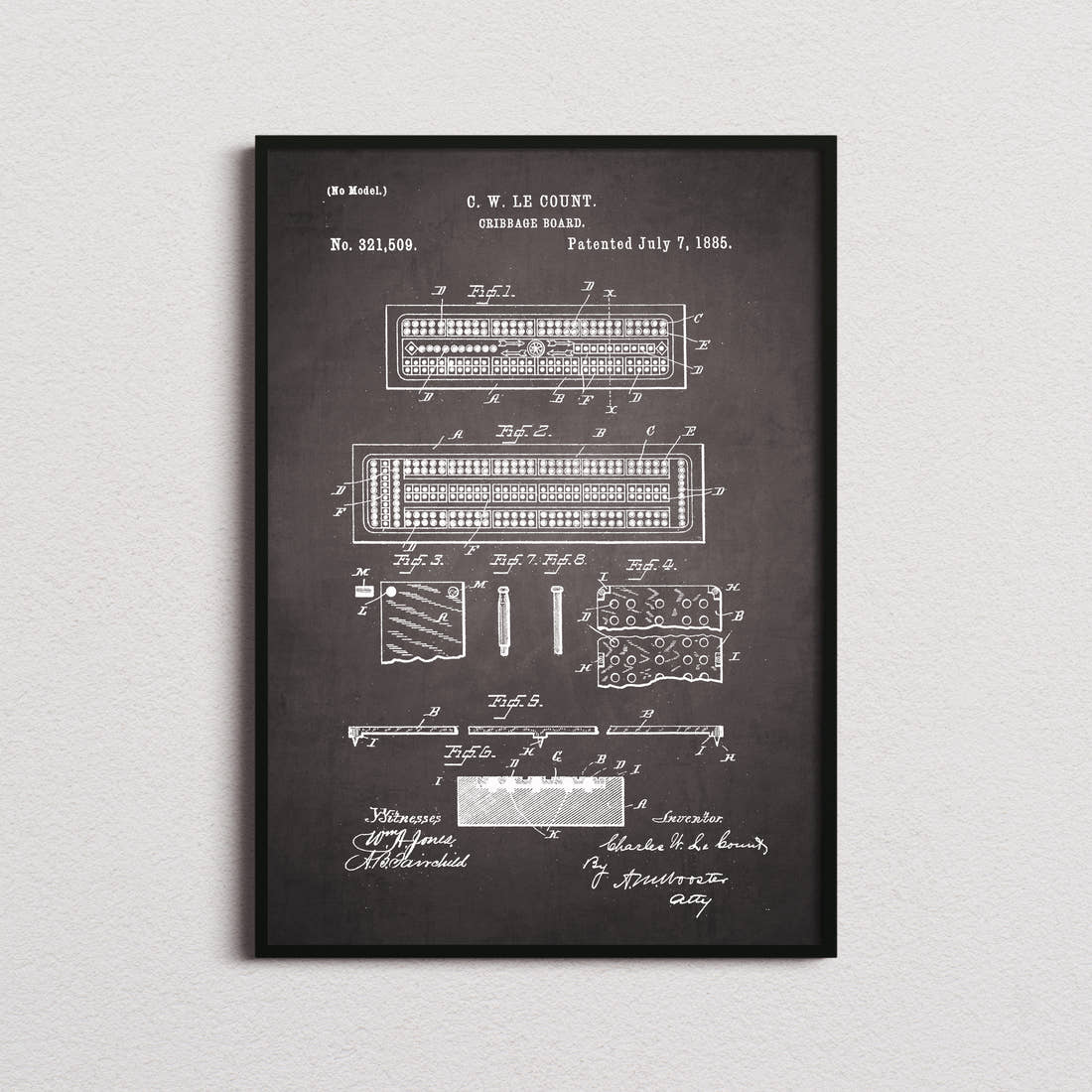 Cribbage Board Patent Print in the blackboard colourway, framed