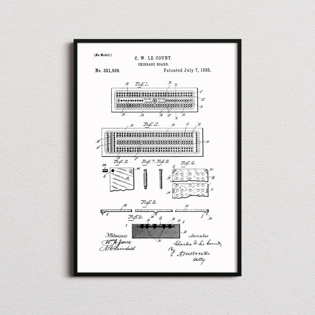 Cribbage Board Patent Print in the white colourway, framed