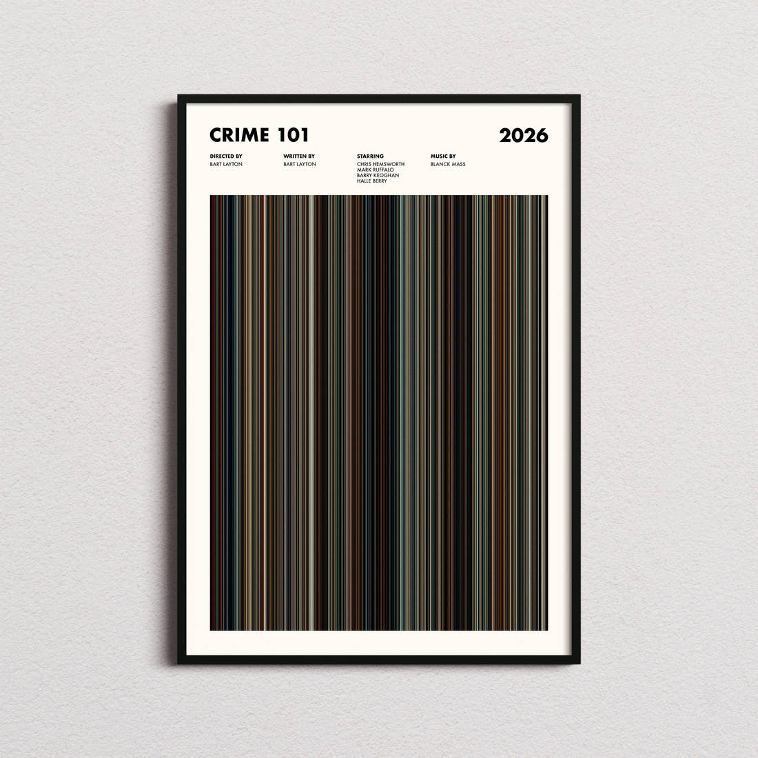 Crime 101 Movie Barcode Poster framed on a plain studio wall