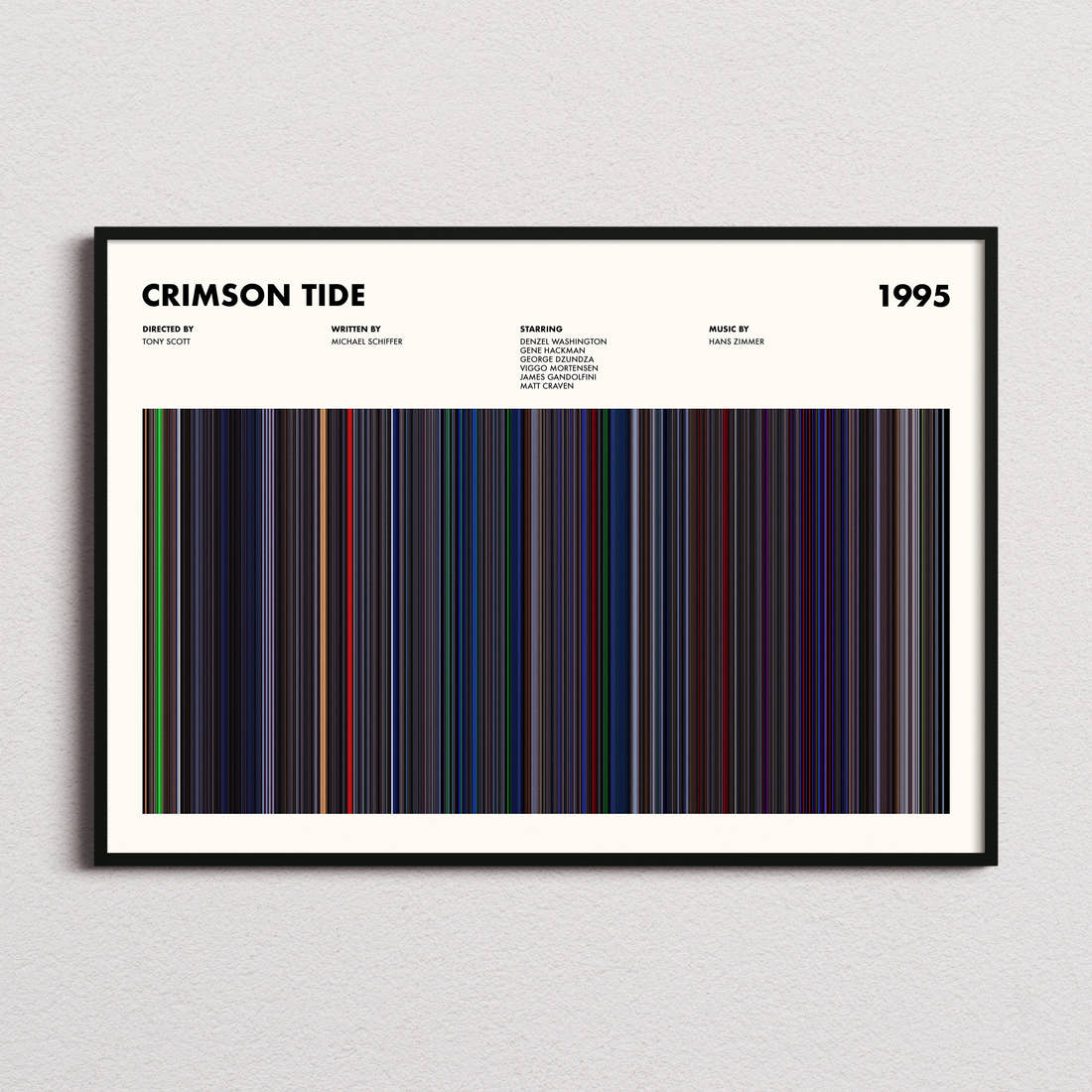 Crimson Tide Movie Barcode Poster framed and photographed straight on