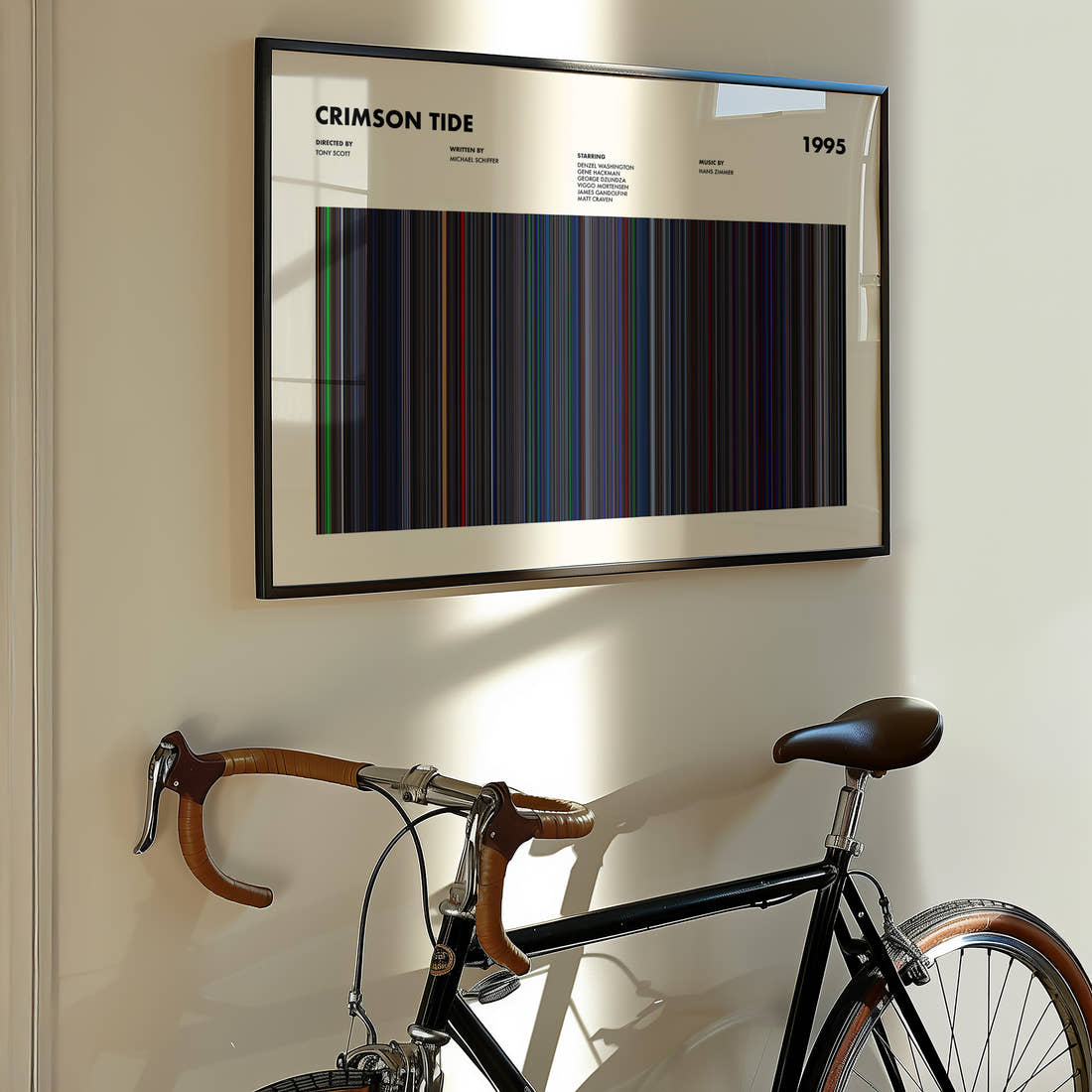 Crimson Tide Movie Barcode Poster framed on the wall of a styled room setting