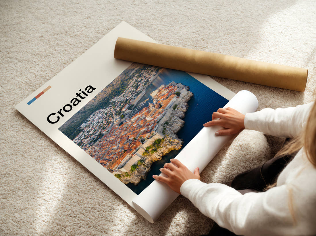 Croatia Old Town Rooftops Travel Print being unrolled from its postal tube