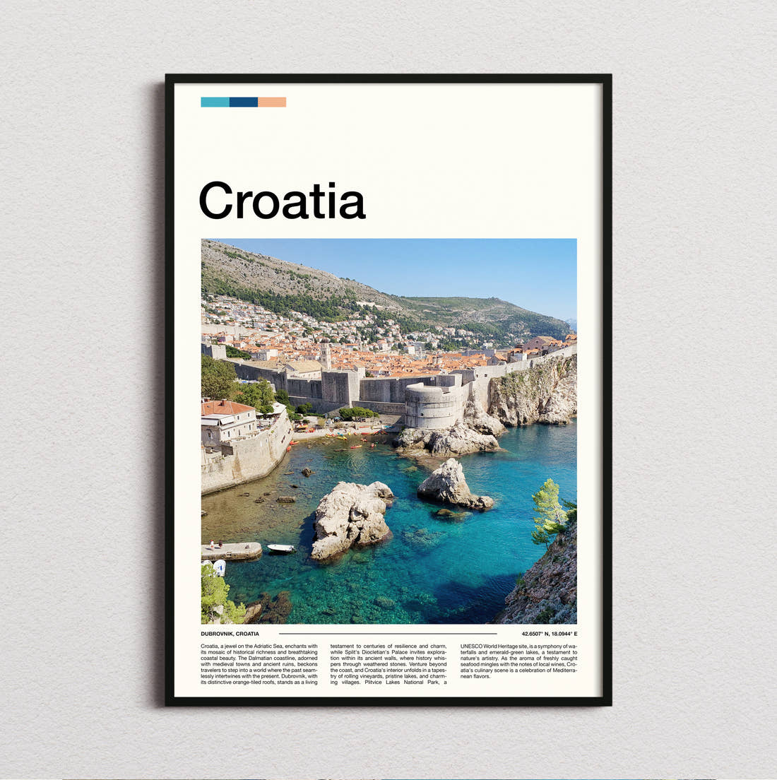 Croatia City Walls Travel Print framed and photographed straight on
