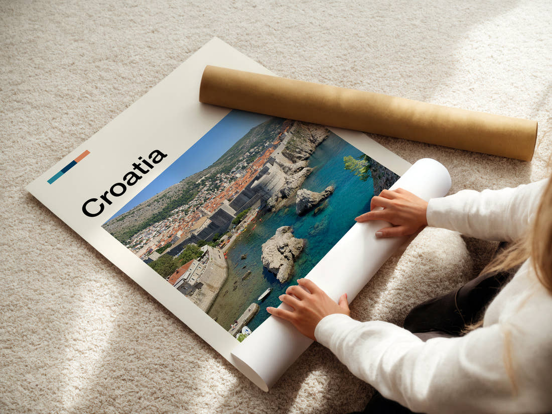 Croatia City Walls Travel Print being unrolled from its postal tube
