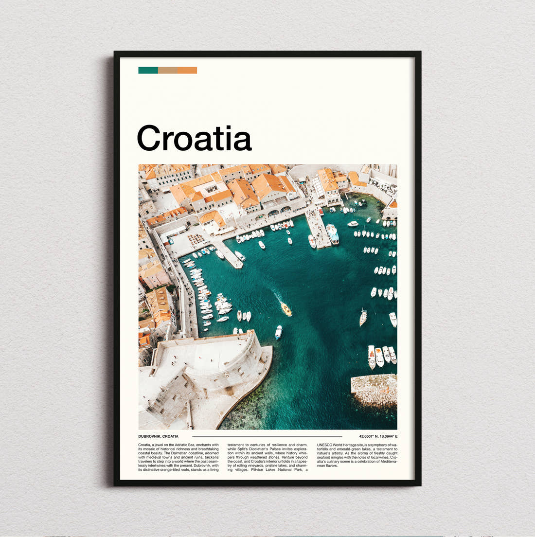 Croatia Harbour From Above Travel Print framed and photographed straight on