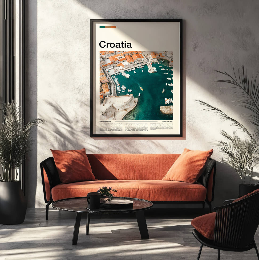 Croatia Harbour From Above Travel Print framed on the wall of a modern living room