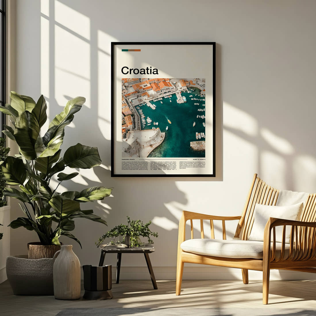 Croatia Harbour From Above Travel Print framed on a pale wall beside houseplants