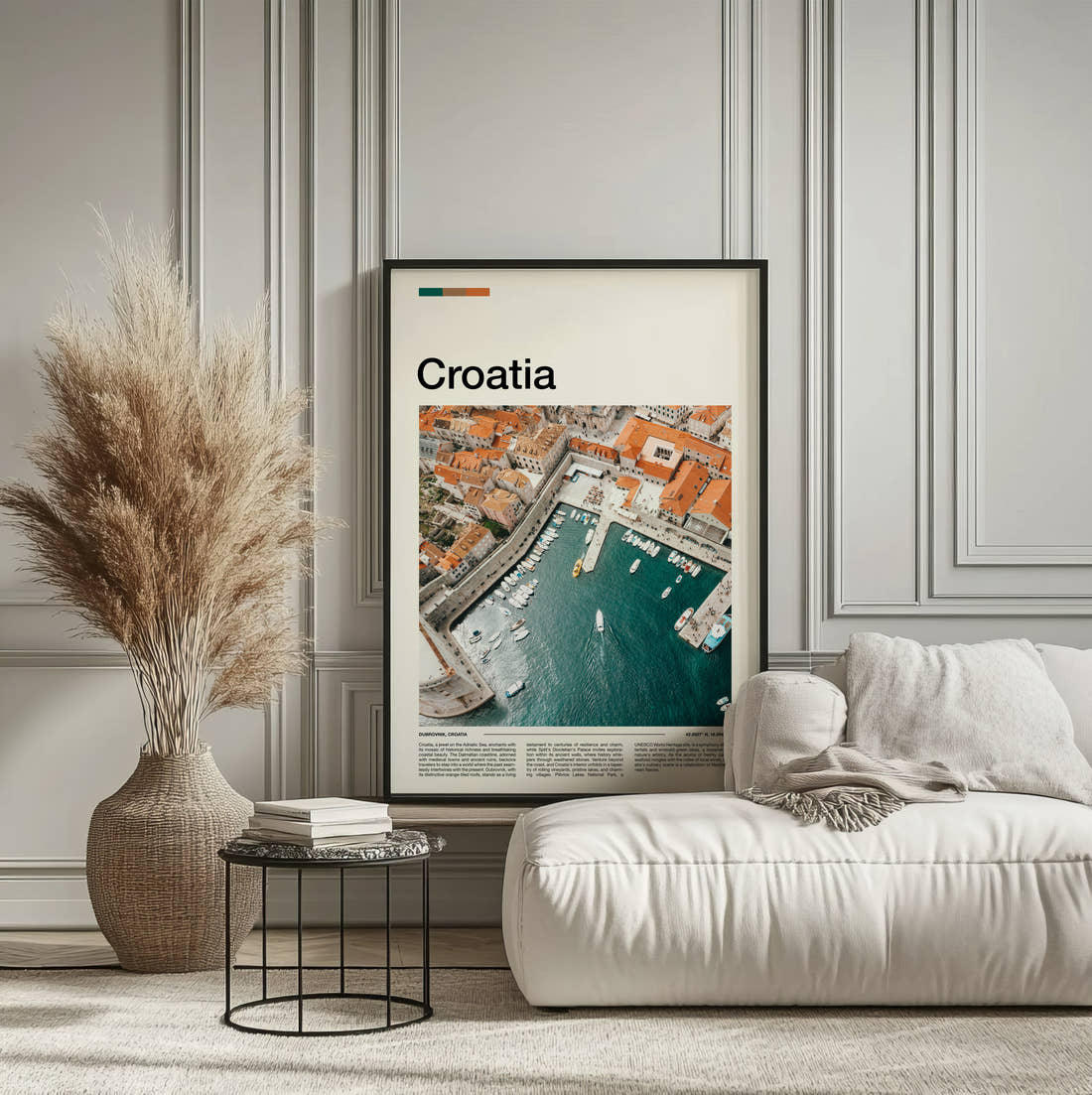 Croatia Harbour And Rooftops Travel Print framed on the wall of a calm, neutral bedroom