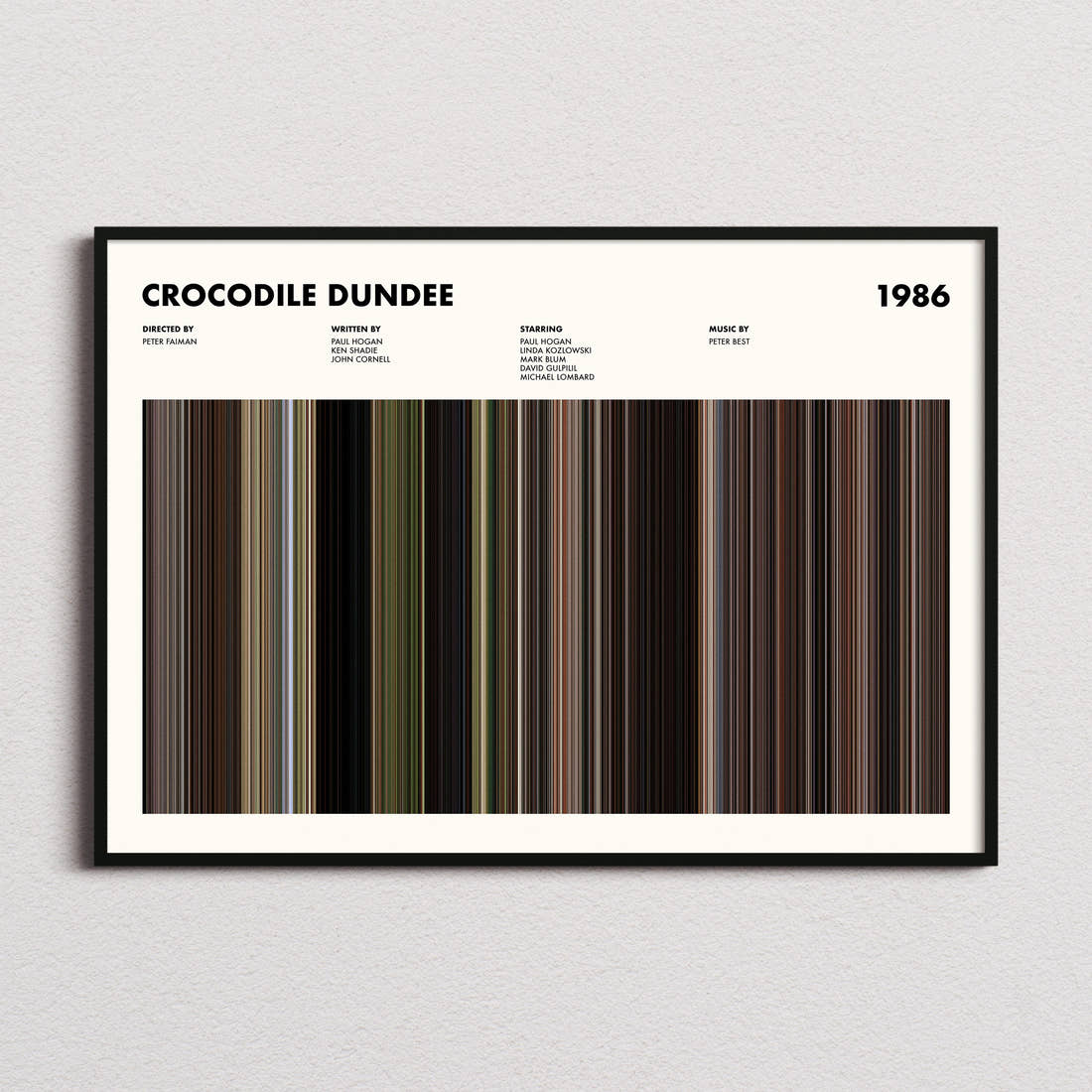 Crocodile Dundee Movie Barcode Poster framed and photographed straight on