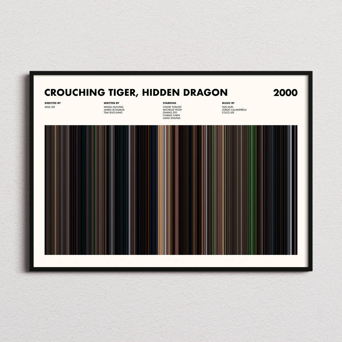 Crouching Tiger, Hidden Dragon Movie Barcode Poster framed and photographed straight on