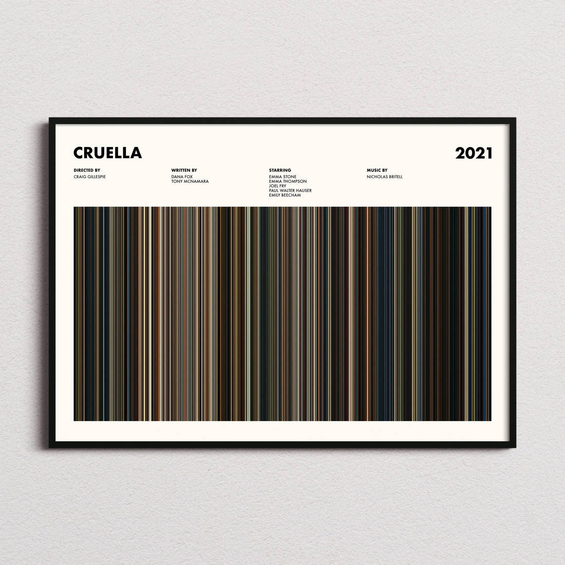 Cruella Movie Barcode Poster framed and photographed straight on