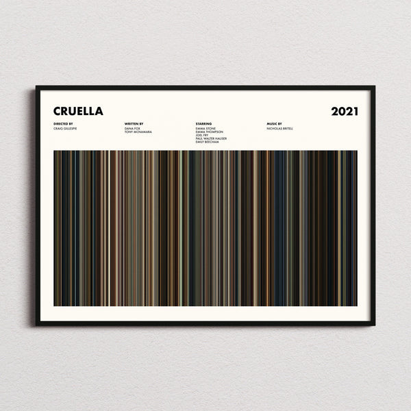 Cruella Movie Barcode Poster framed and photographed straight on