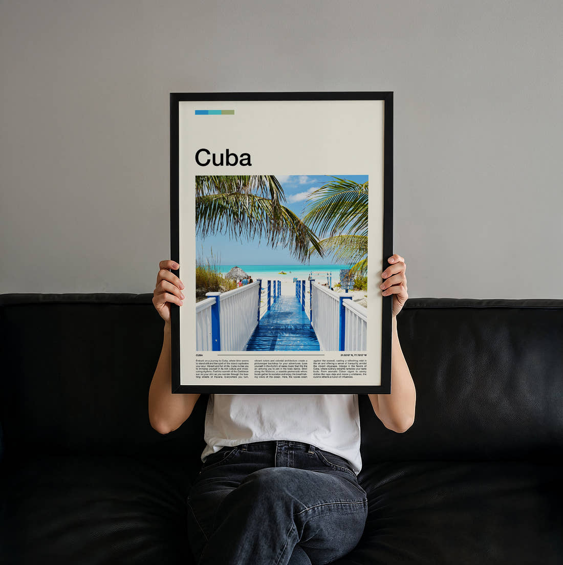 Cuba Wooden Jetty Travel Print held up by hand to show the size of the print
