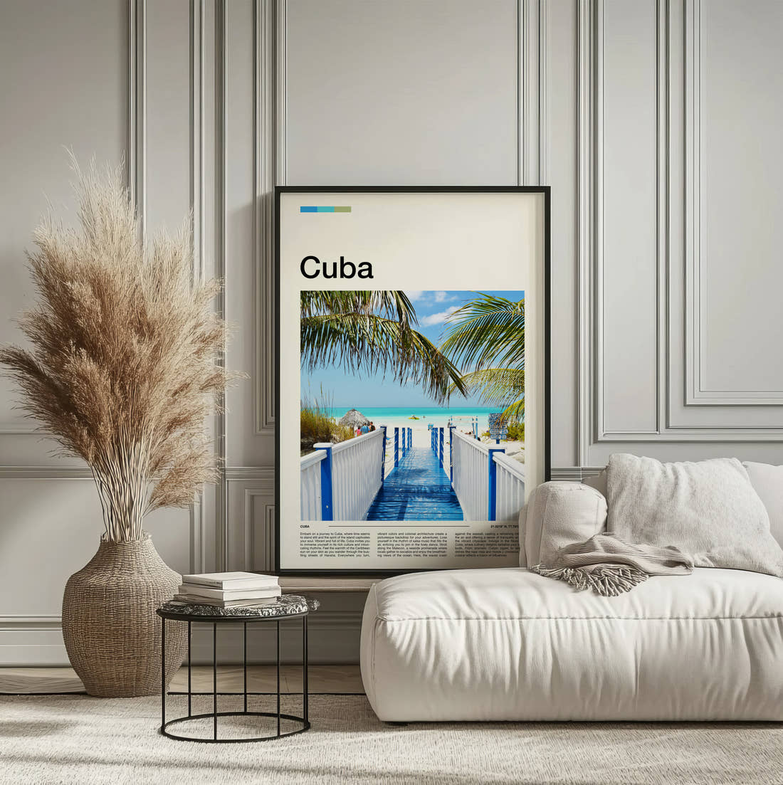 Cuba Wooden Jetty Travel Print framed on the wall of a calm, neutral bedroom