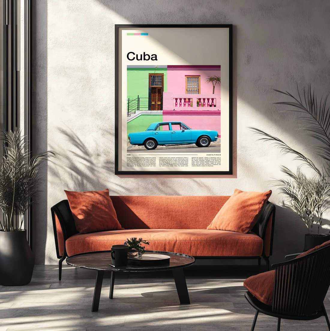 Cuba Blue Vintage Car Travel Print framed on the wall of a modern living room
