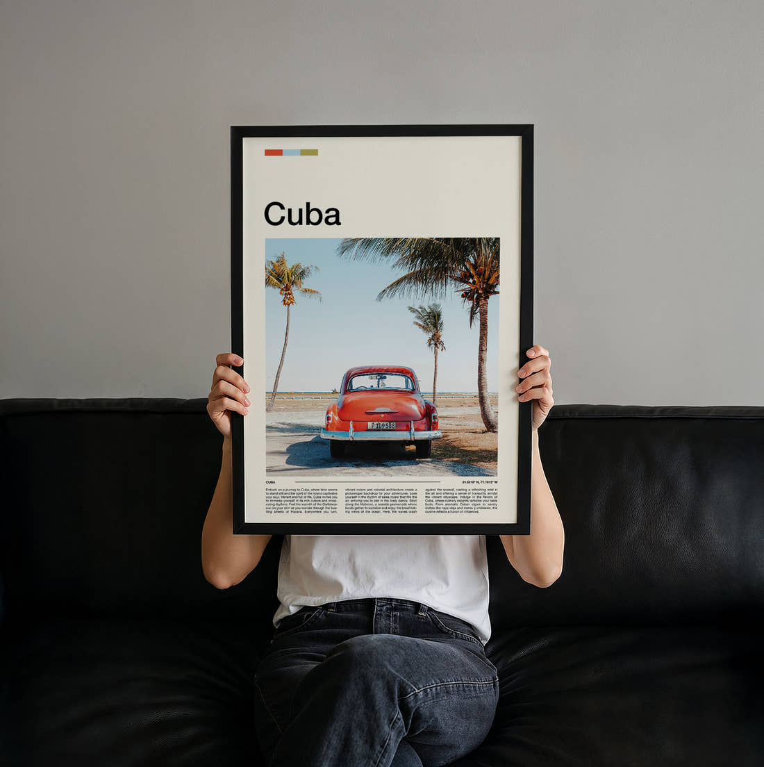 Cuba Red Classic Car Travel Print held up by hand to show the size of the print