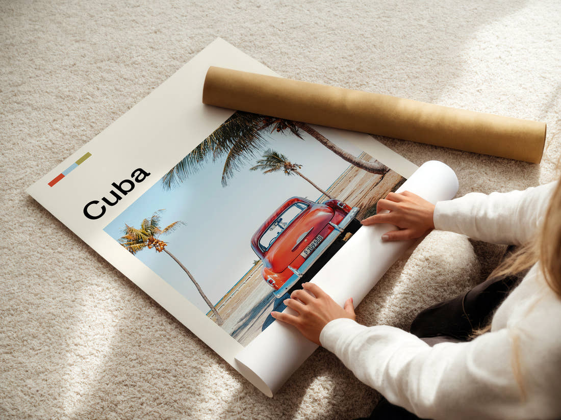 Cuba Red Classic Car Travel Print being unrolled from its postal tube
